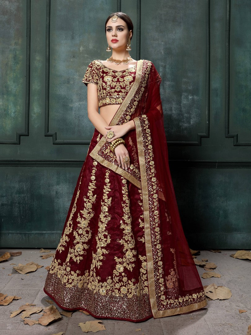 Maroon raw silk heavy dori and sequence work wedding lehenga