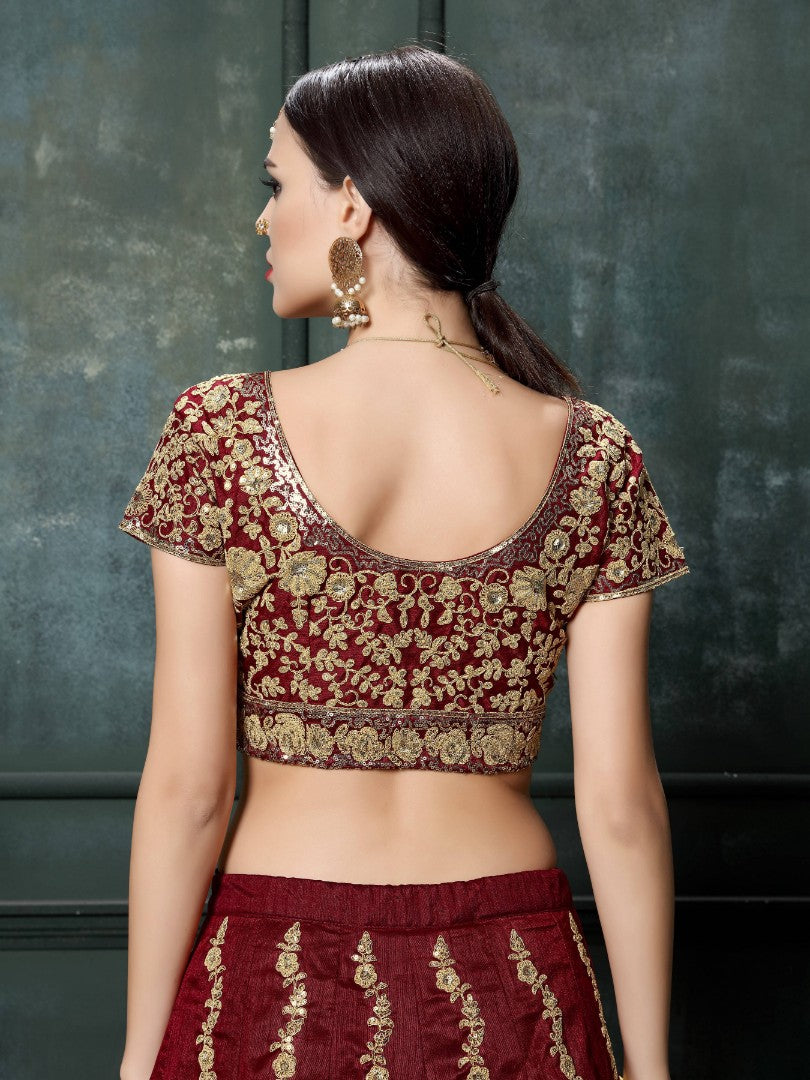 Maroon raw silk heavy dori and sequence work wedding lehenga