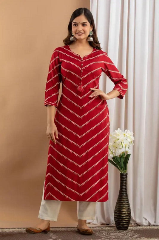 Maroon Rayon Button Lehriya Printed Straight Kurti