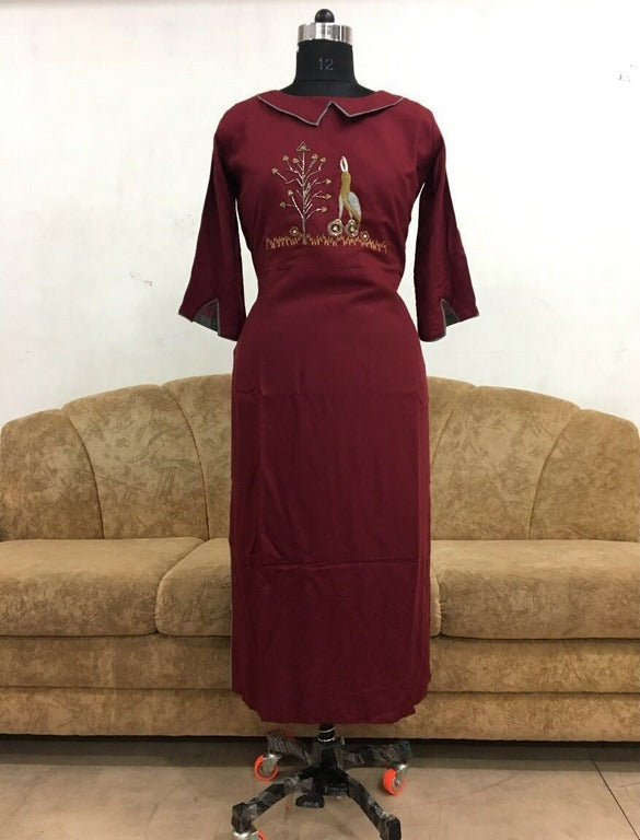 maroon rayon cotton khali worked kurti