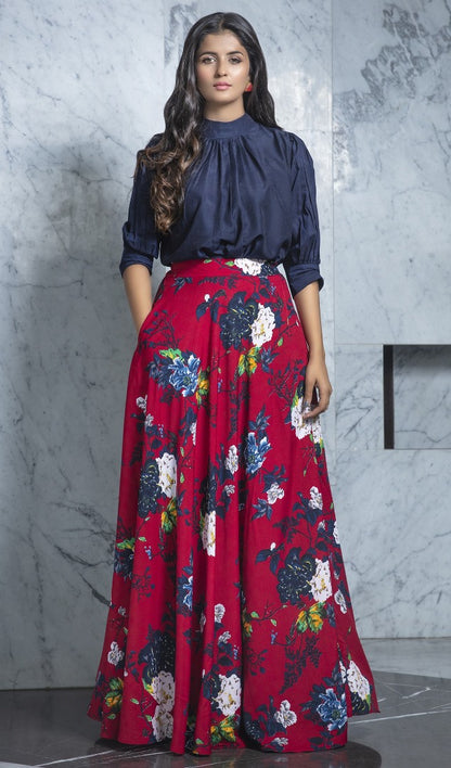 Maroon rayon flower printed party wear crop top