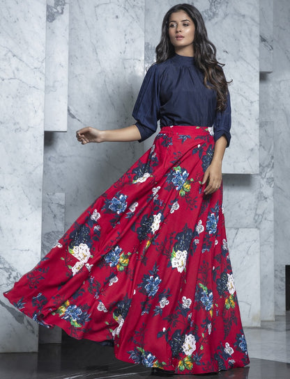 Maroon rayon flower printed party wear crop top