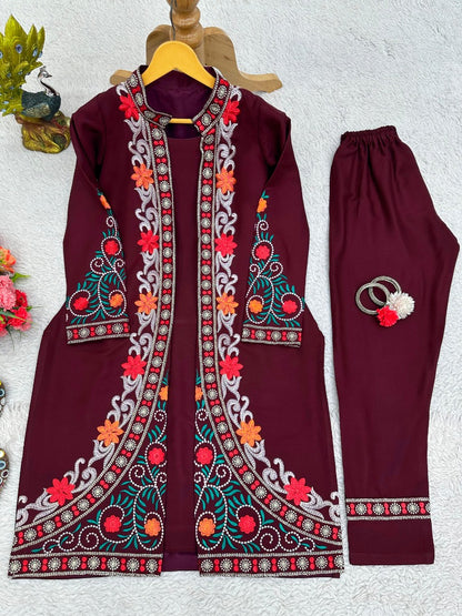 Maroon rayon heavy work designer indowestern suit with shrug