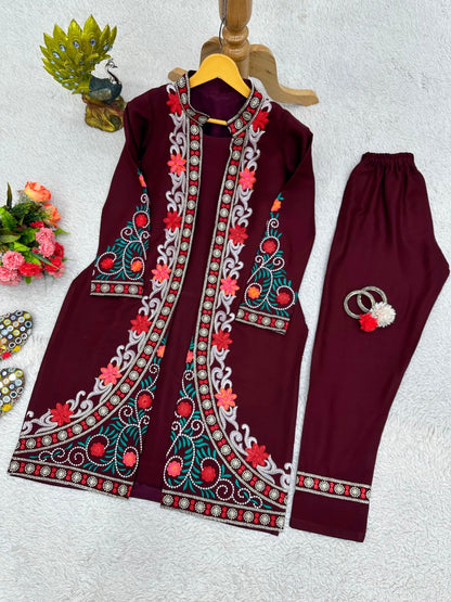 Maroon rayon heavy work designer indowestern suit with shrug