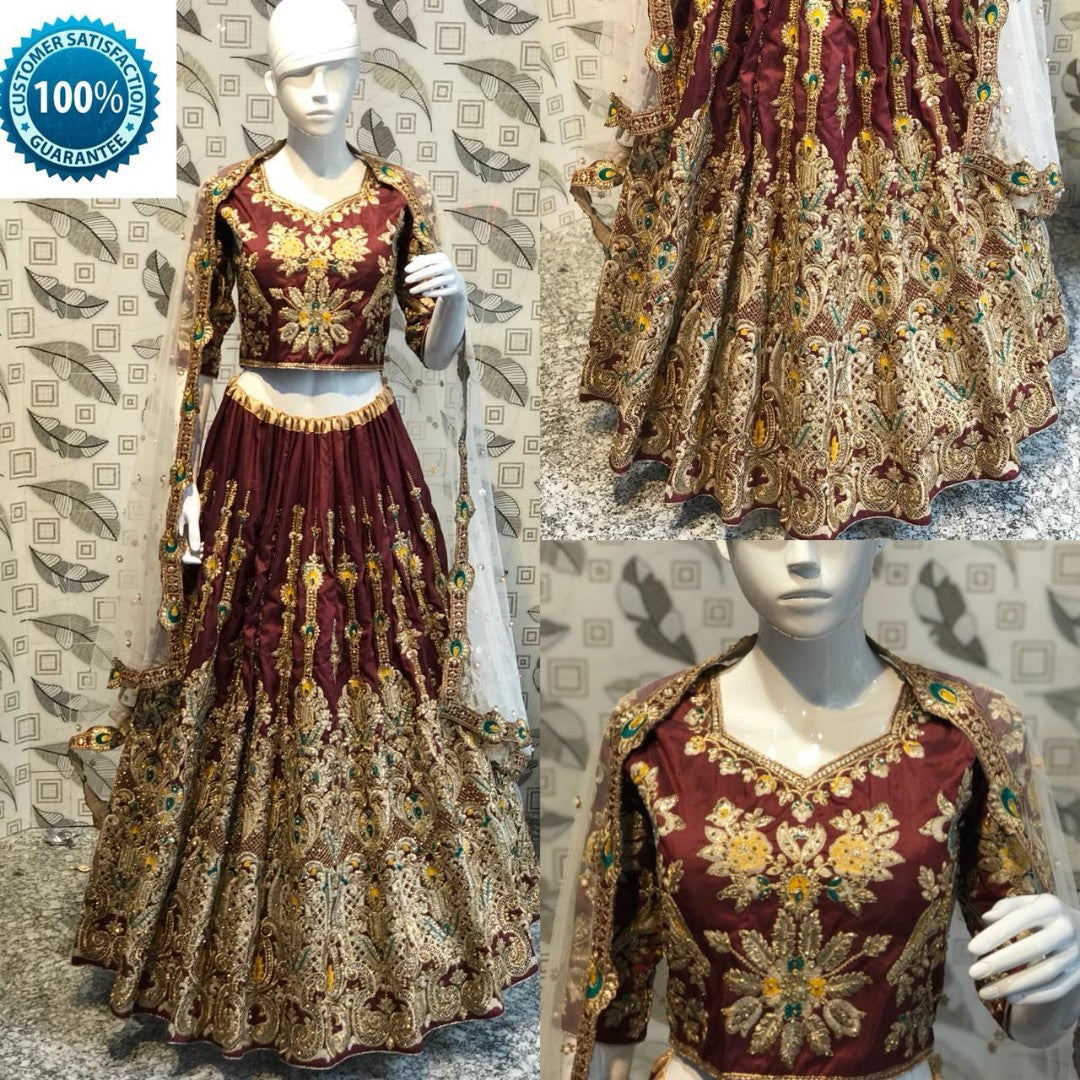 maroon ruby silk heavy embroidered bridal lehenga