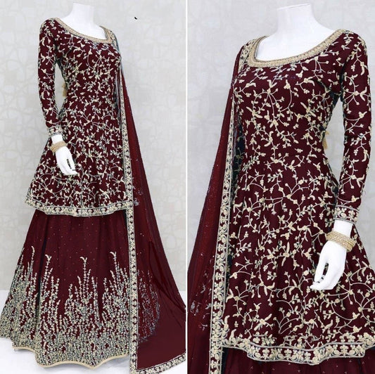 Maroon satin banglory embroidered and stone work wedding lehenga choli