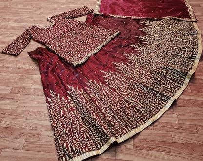 Maroon satin banglory embroidered and stone work wedding lehenga choli