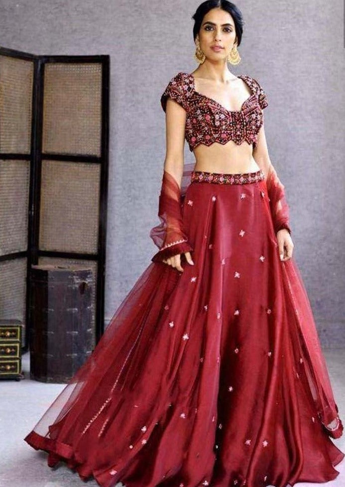 Maroon satin georgette embroidered lehenga choli