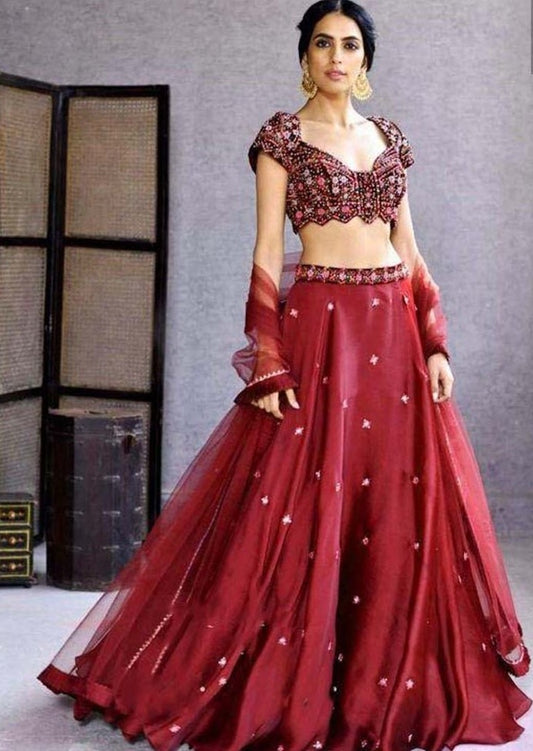 Maroon satin georgette embroidered lehenga choli