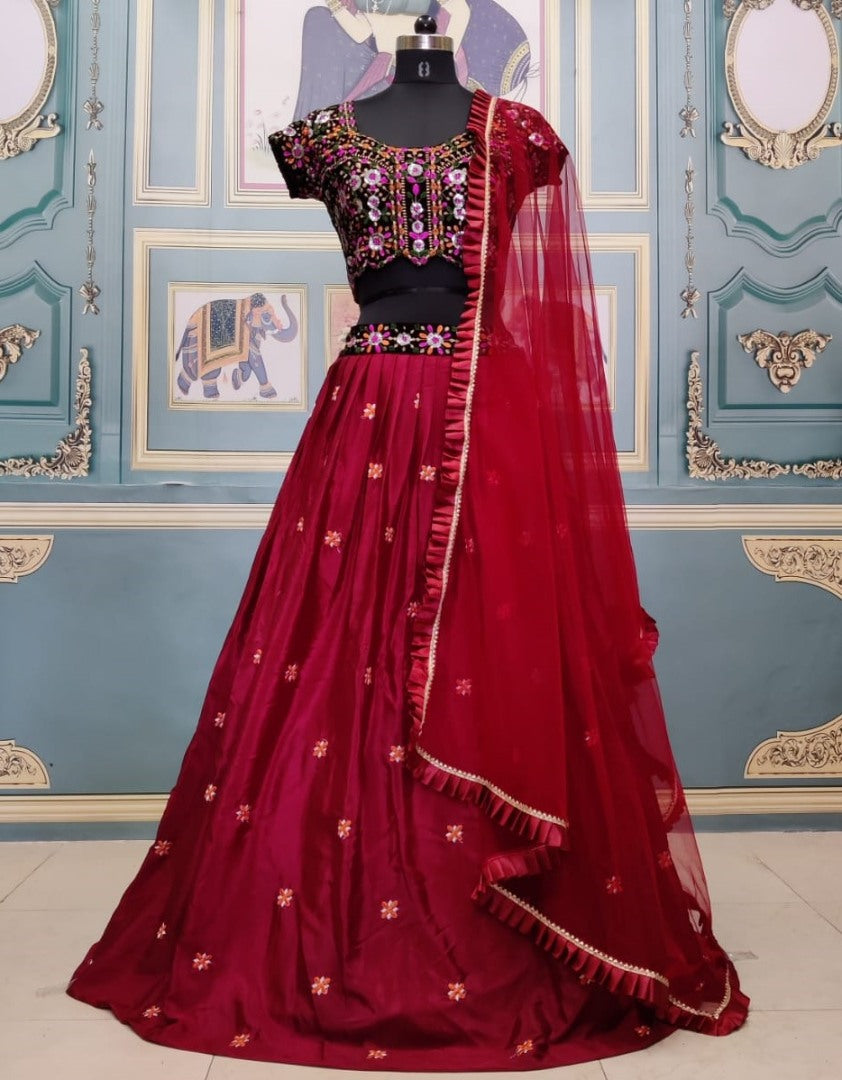 Maroon satin georgette embroidered lehenga choli