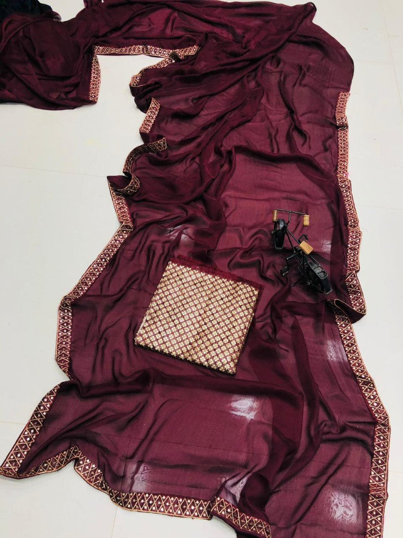 Maroon satin georgette sequence work lace border saree