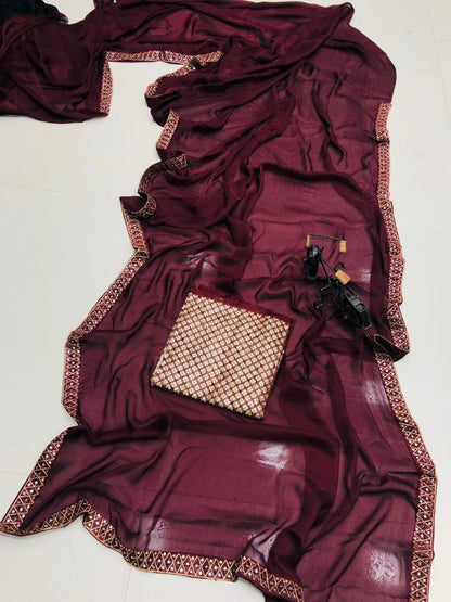Maroon satin georgette sequence work lace border saree