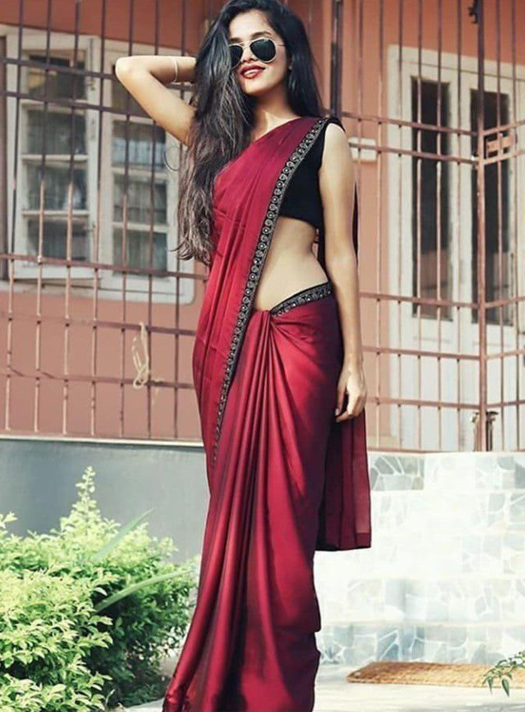 Maroon satin partywear saree