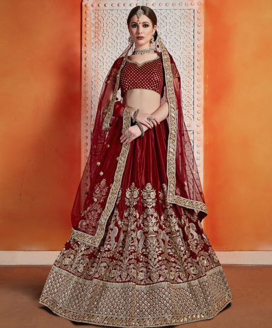 Maroon semi velvet zari & sequence work bridal lehenga choli