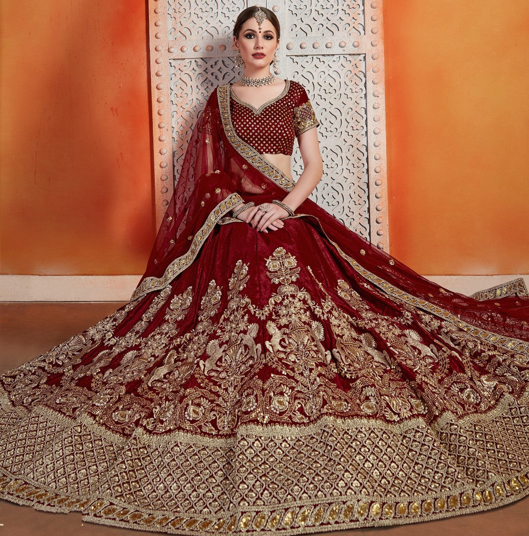Maroon semi velvet zari & sequence work bridal lehenga choli