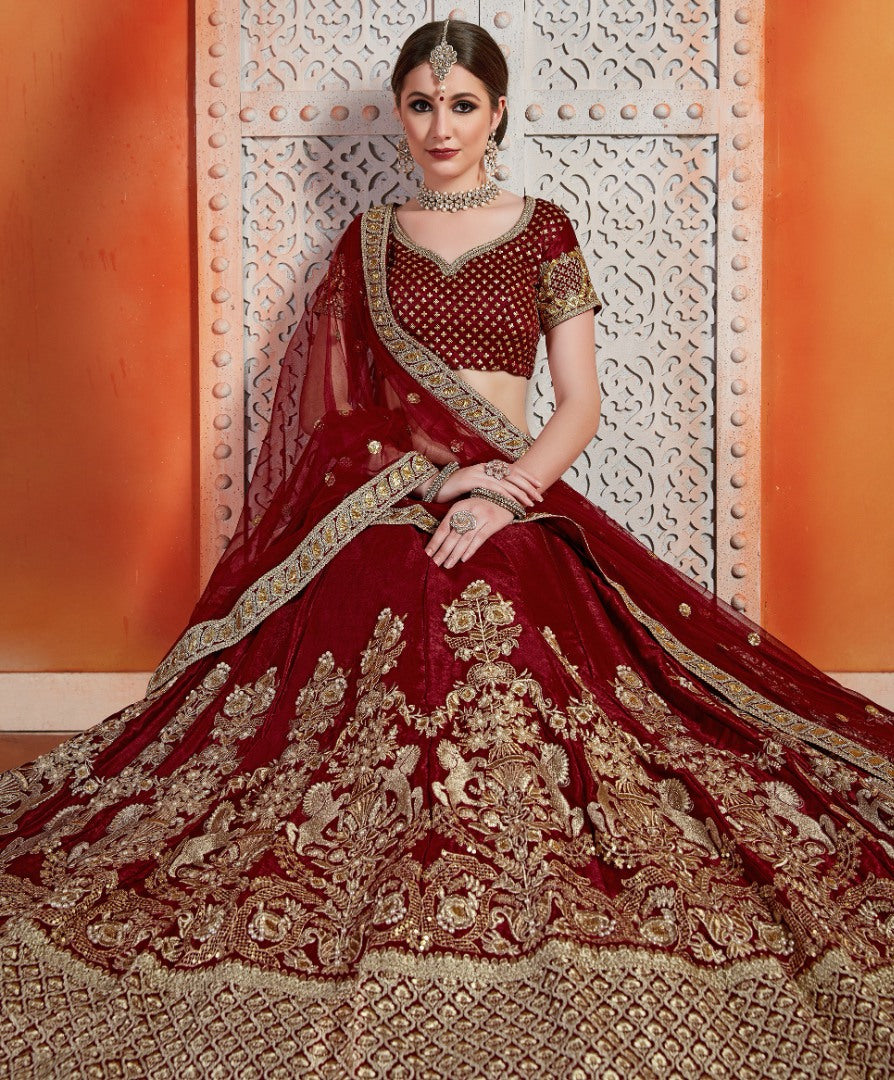 Maroon semi velvet zari & sequence work bridal lehenga choli
