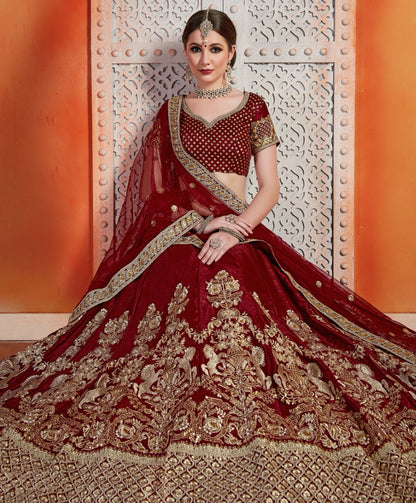 Maroon semi velvet zari & sequence work bridal lehenga choli