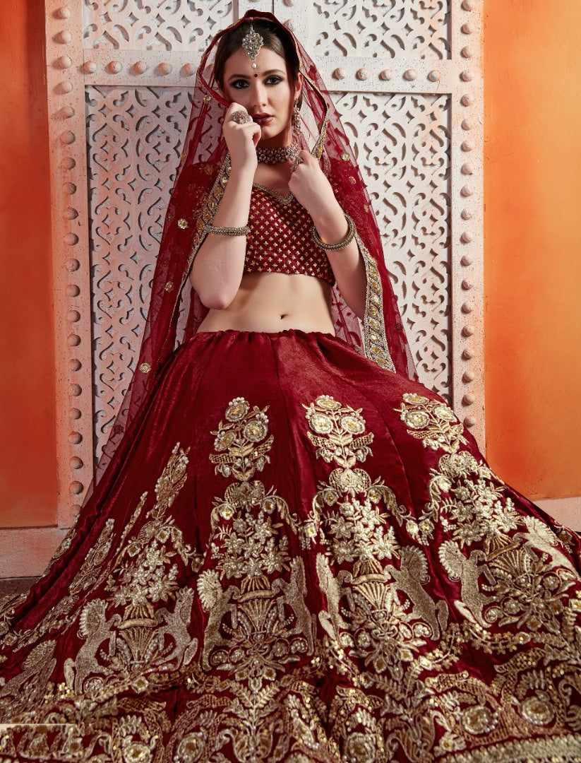 Maroon semi velvet zari & sequence work bridal lehenga choli