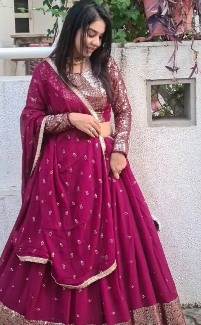 Maroon sequence embroidery worked wedding lehenga choli