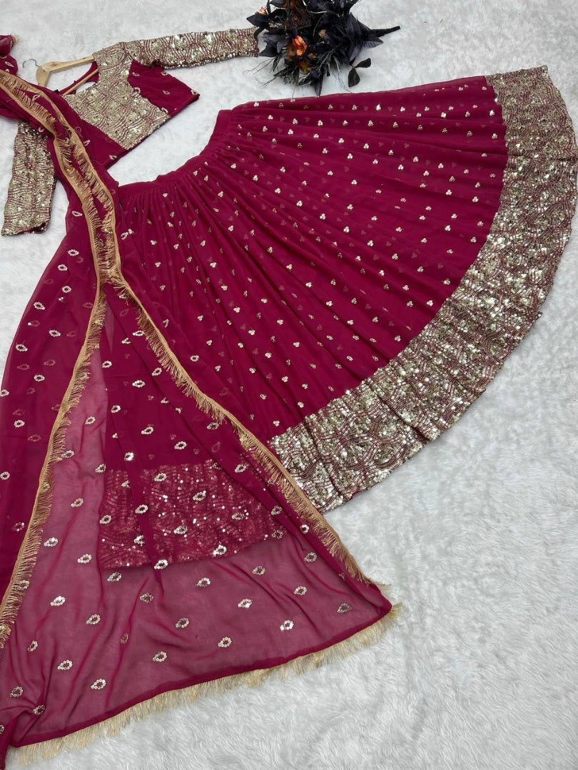 Maroon sequence embroidery worked wedding lehenga choli