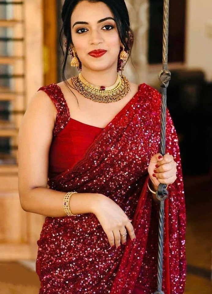Maroon sequence work partywear saree