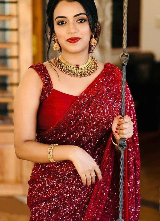 Maroon sequence work partywear saree