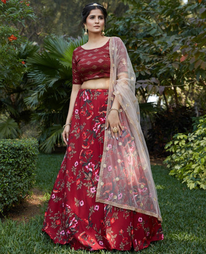 Maroon silk crepe flower printed party wear lehenga choli