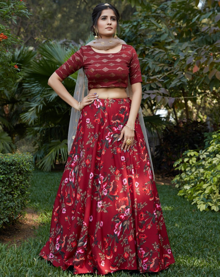 Maroon silk crepe flower printed party wear lehenga choli