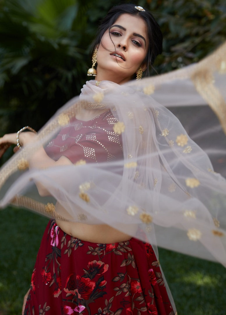 Maroon silk crepe flower printed party wear lehenga choli