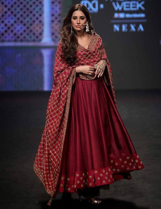 Maroon silk embroidered wedding long anarkali suit