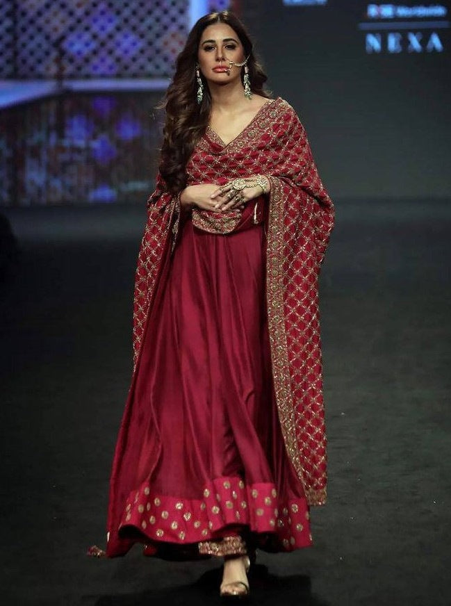 Maroon silk embroidered wedding long anarkali suit