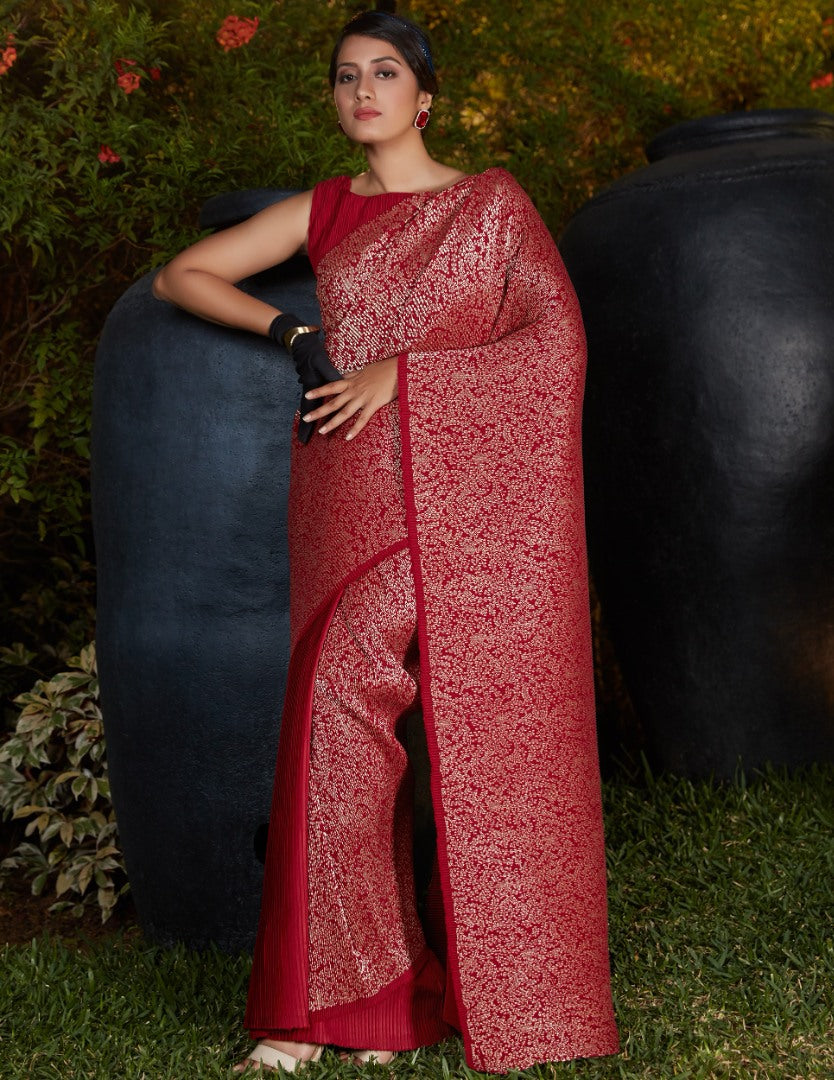 Maroon silk foil print with platting work party wear saree