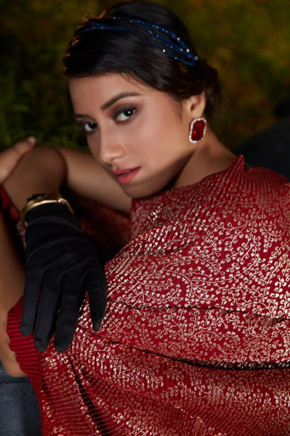 Maroon silk foil print with platting work party wear saree