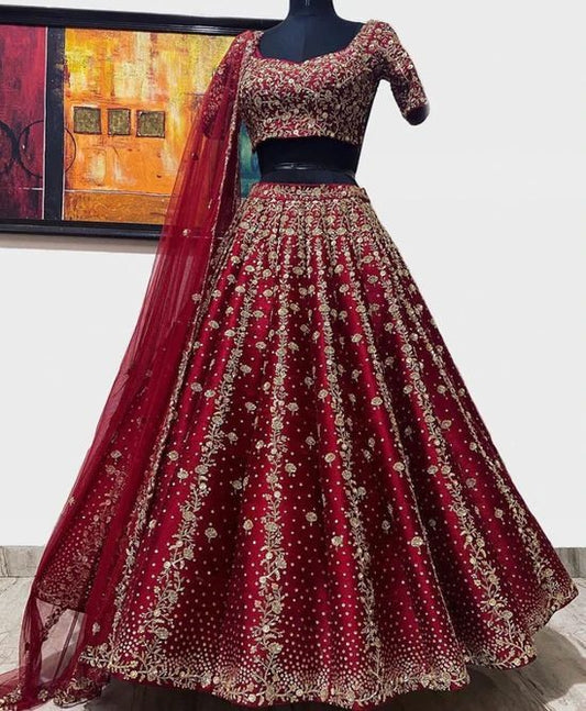 Maroon silk heavy embroidered wedding lehenga choli