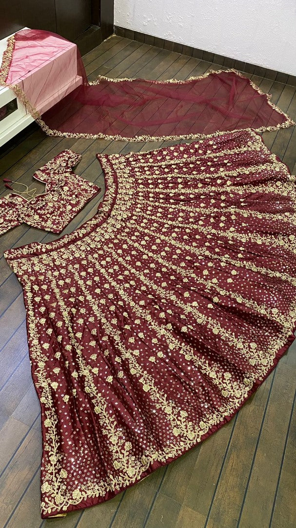 Maroon silk heavy embroidered wedding lehenga choli