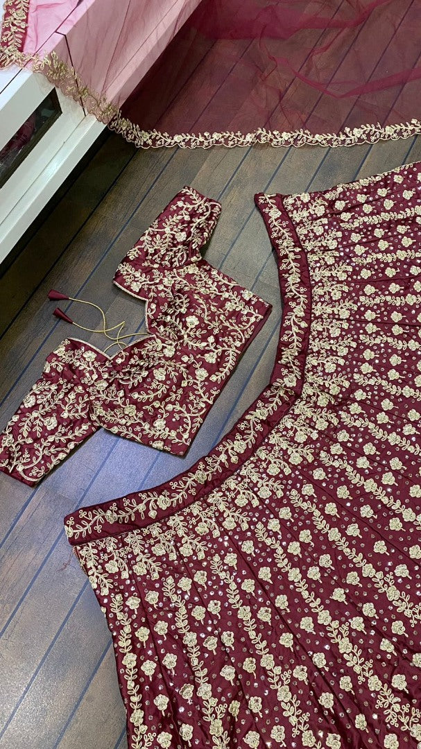 Maroon silk heavy embroidered wedding lehenga choli