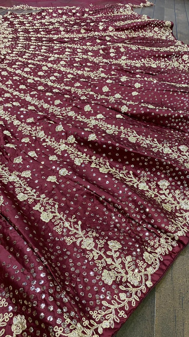 Maroon silk heavy embroidered wedding lehenga choli