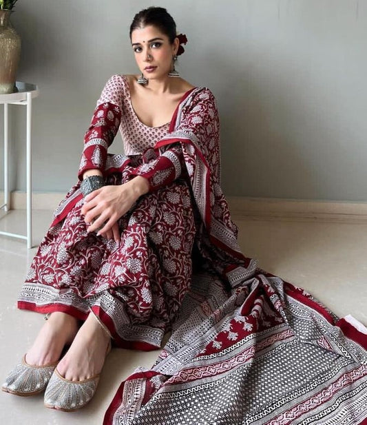 Maroon silk satin digital printed saree