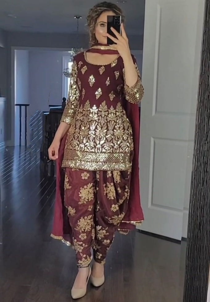 Maroon silk thread sequence embroidery work punjabi suit