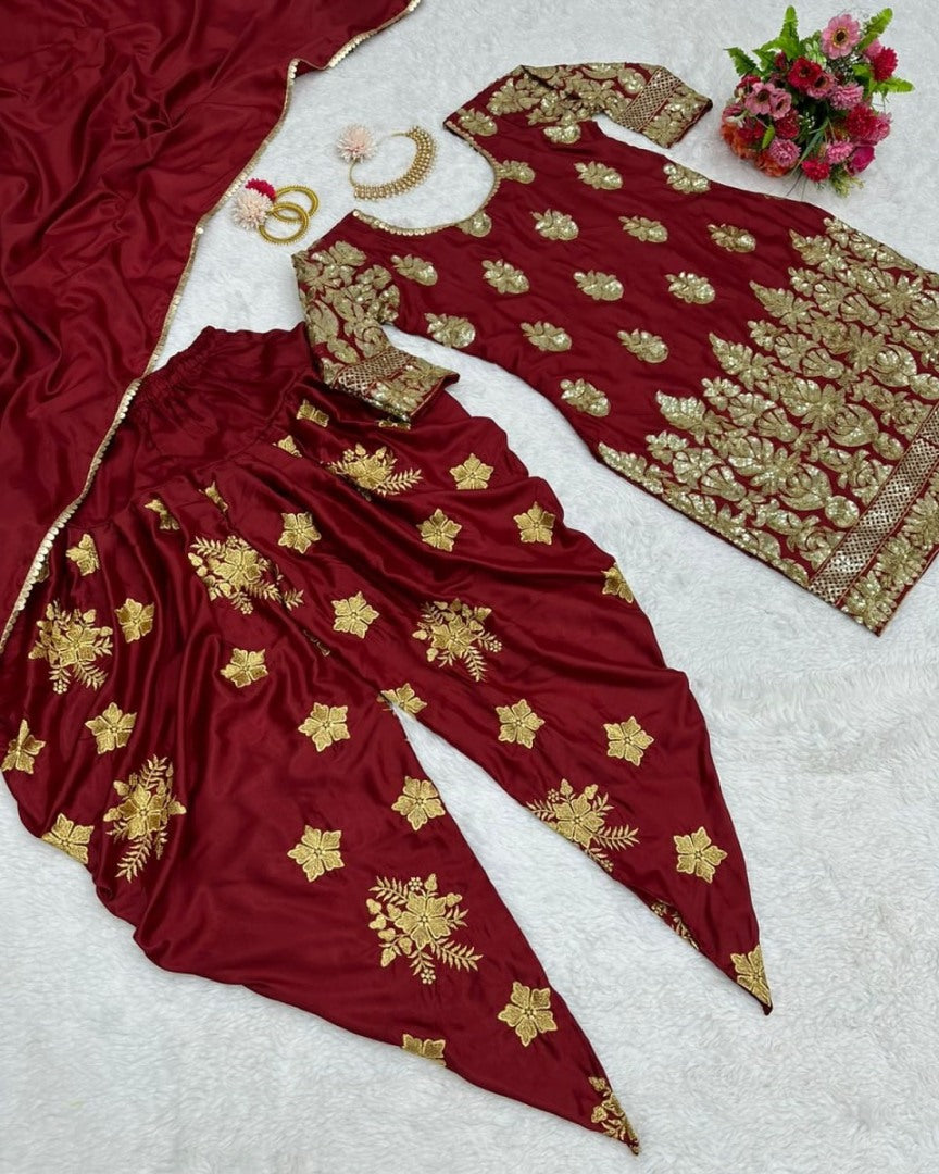 Maroon silk thread sequence embroidery work punjabi suit