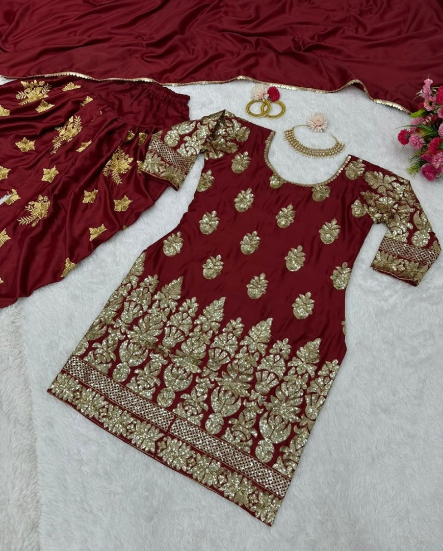 Maroon silk thread sequence embroidery work punjabi suit