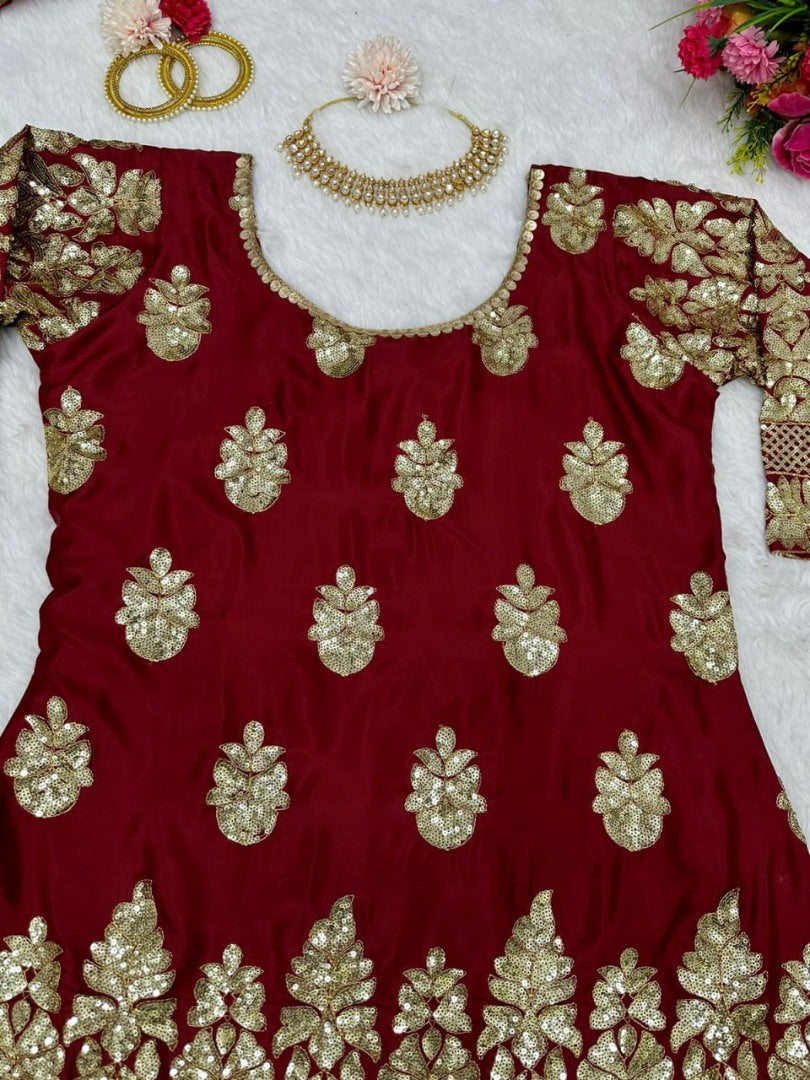 Maroon silk thread sequence embroidery work punjabi suit