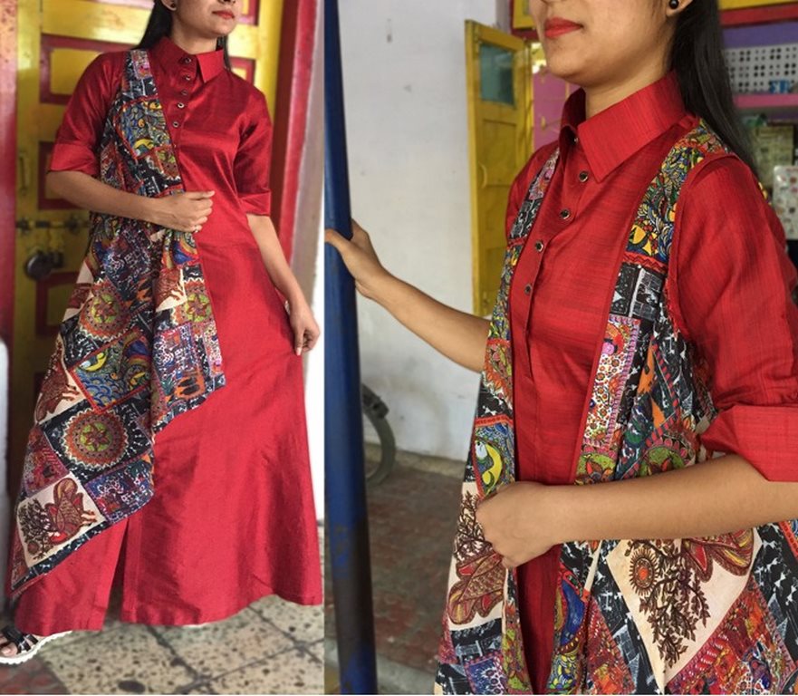 maroon slub silk long kurti with digital printed jacket