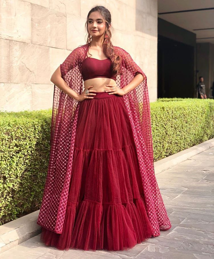Maroon soft mono net indowestern partywear lehenga with shrug