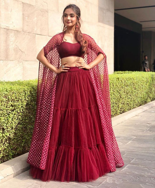 Maroon soft mono net indowestern partywear lehenga with shrug