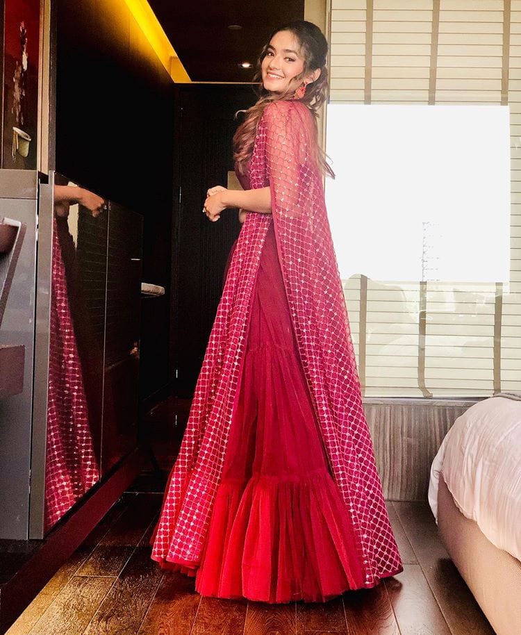 Maroon soft mono net indowestern partywear lehenga with shrug