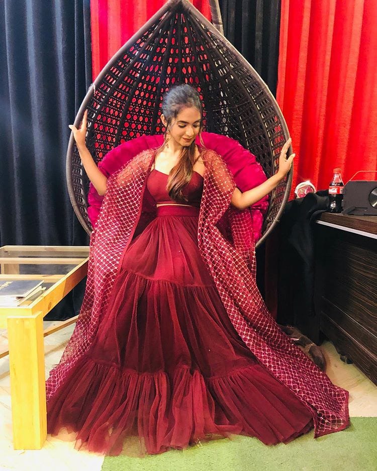Maroon soft mono net indowestern partywear lehenga with shrug