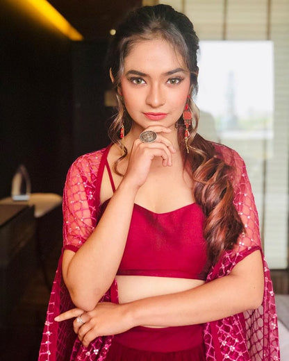 Maroon soft mono net indowestern partywear lehenga with shrug