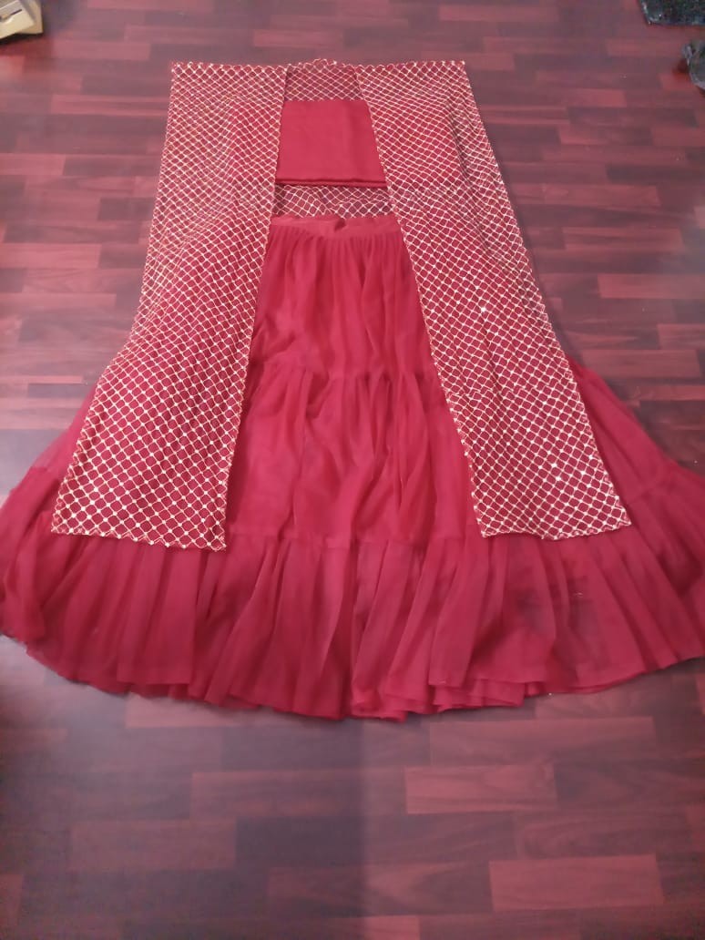 Maroon soft mono net indowestern partywear lehenga with shrug