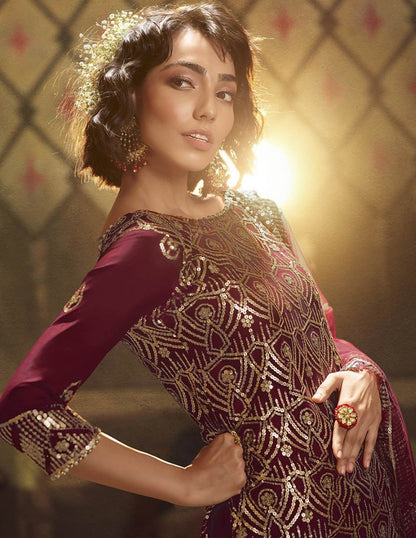 Maroon soft net sequence work party wear sharara salwar suit